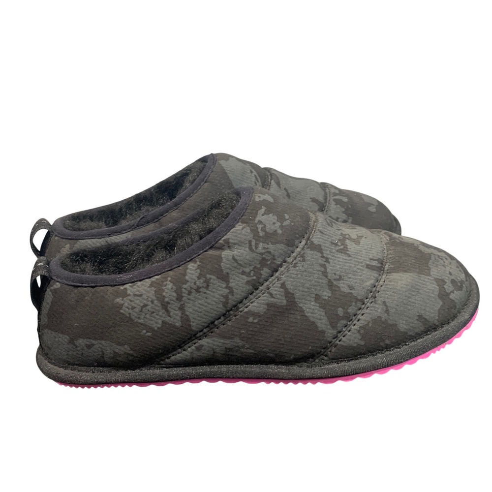 Sorel Womens Size 5 Camo Puffer Go Bodega Run Slippers Black Gray Cozy Slip On‎